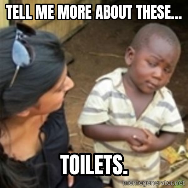 Skeptical 3rd World Kid meme: tell me more about these... / toilets.