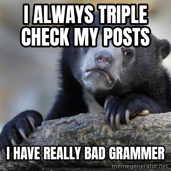 Confession Bear meme: i always triple check my posts / i have really bad grammer