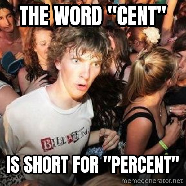 Sudden Realization Ralph meme: The word "cent" / is short for "percent"