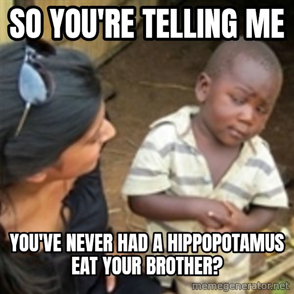 Skeptical 3rd World Kid meme: So you're telling me / you've never had a hippopotamus eat your brother?