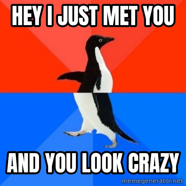 Socially Awesome Awkward Penguin meme: Hey I just Met You / And you look crazy