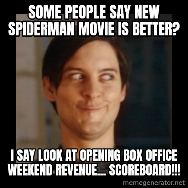 Tobey_Maguire meme: Some people say new Spiderman Movie is better? / I say look at opening box office weekend revenue... Scoreboard!!!