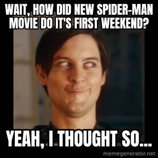 Tobey_Maguire meme: wait, how did new spider-man movie do it's first weekend? / yeah, I thought so...