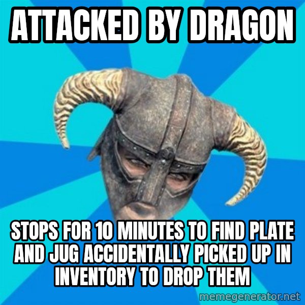 skyrim stan meme: attacked by dragon / stops for 10 minutes to find plate and jug accidentally picked up in inventory to drop them