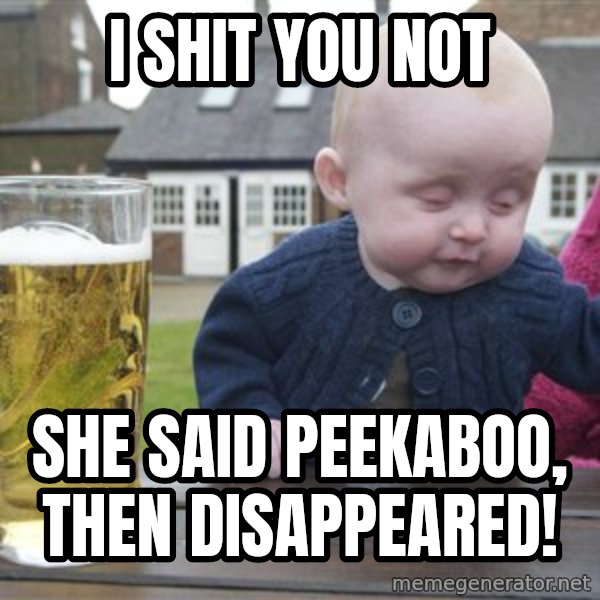 drunk baby 1 meme: I shit you not / she said peekaboo, then disappeared!