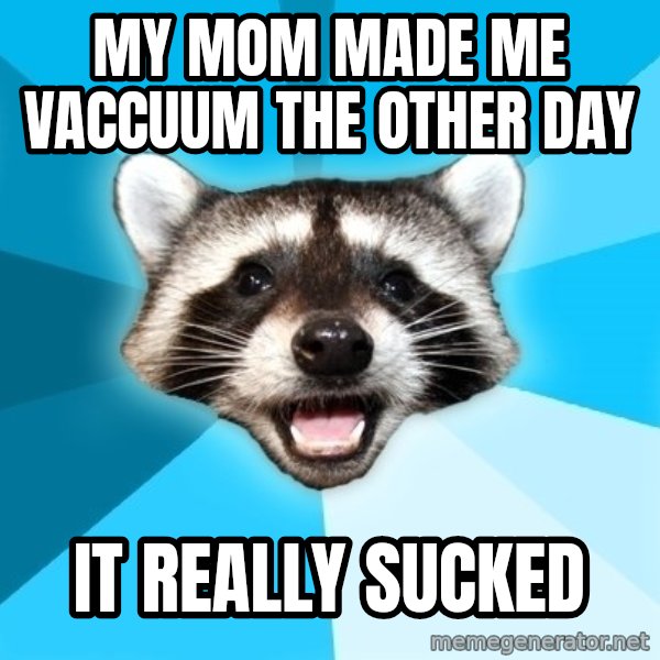 Lame Pun Coon meme: My mom made me vaccuum the other day / it really sucked