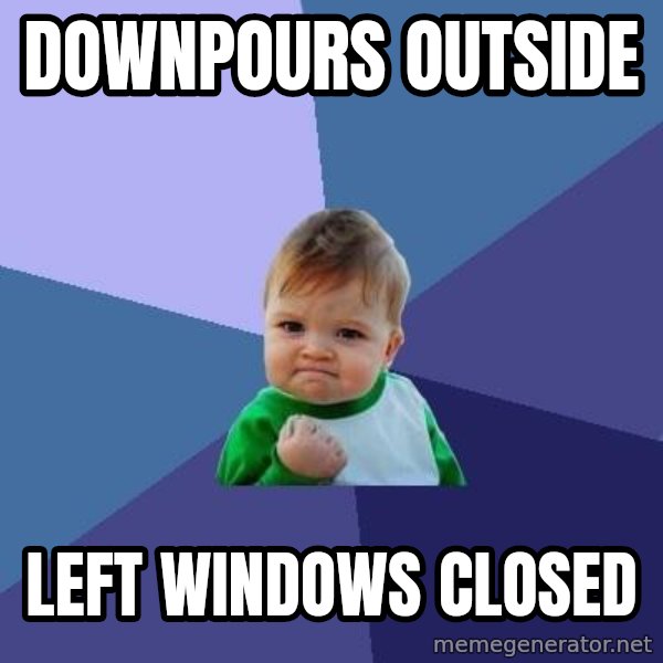 Success Kid meme: downpours outside / left windows closed