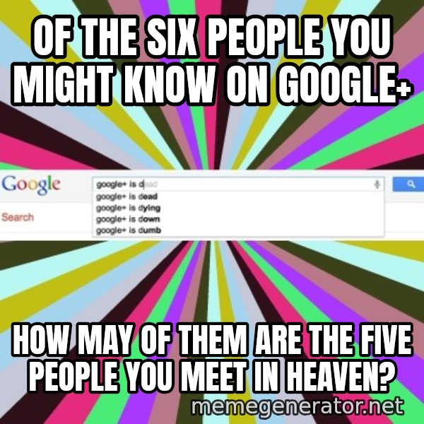 Google meme: Of the six people you might know on Google+ / how may of them are The Five People You Meet in Heaven?