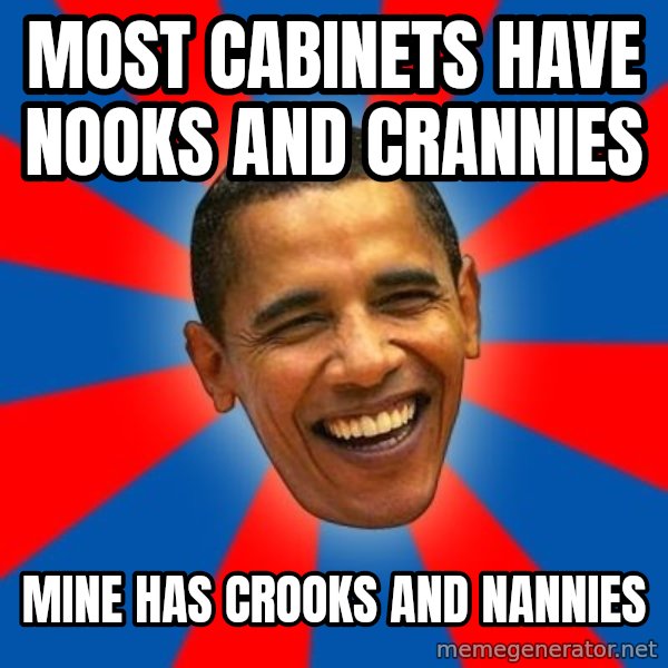 Obama meme: Most Cabinets have Nooks and Crannies / Mine has Crooks and Nannies