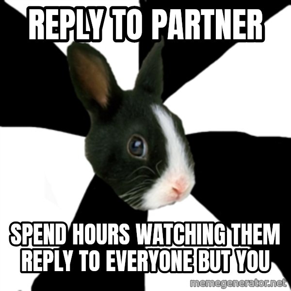 Roleplaying Rabbit meme: Reply to partner / spend hours watching them reply to everyone but you