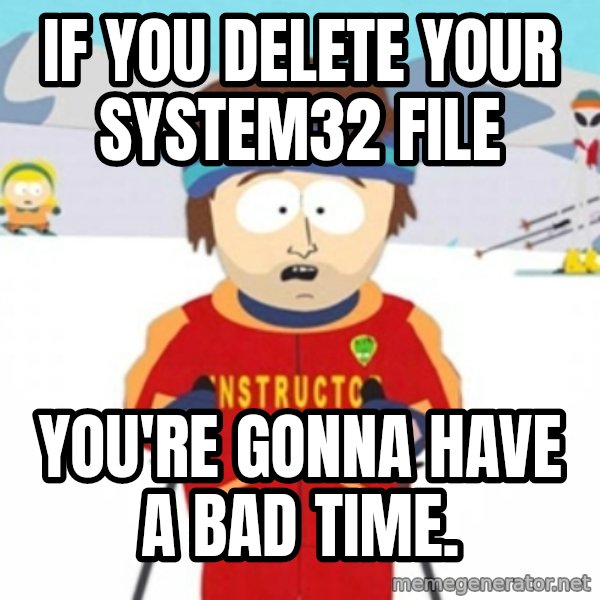 Bad time ski instructor 1 meme: If you delete your system32 file / you're gonna have a bad time.