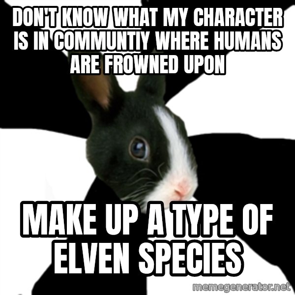 Roleplaying Rabbit meme: DON'T KNOW WHAT MY CHARACTER IS IN COMMUNTIY WHERE HUMANS ARE FROWNED UPON / MAKE UP A TYPE OF ELven species