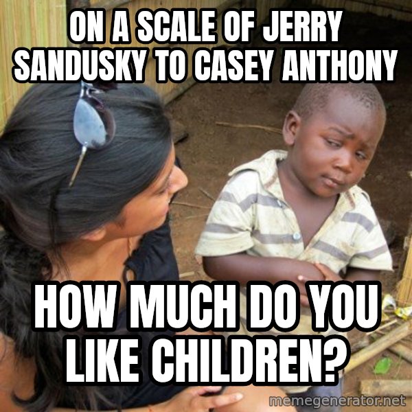 Skeptical 3rd World Kid meme: On a scale of Jerry Sandusky to Casey Anthony / How much do you like children?