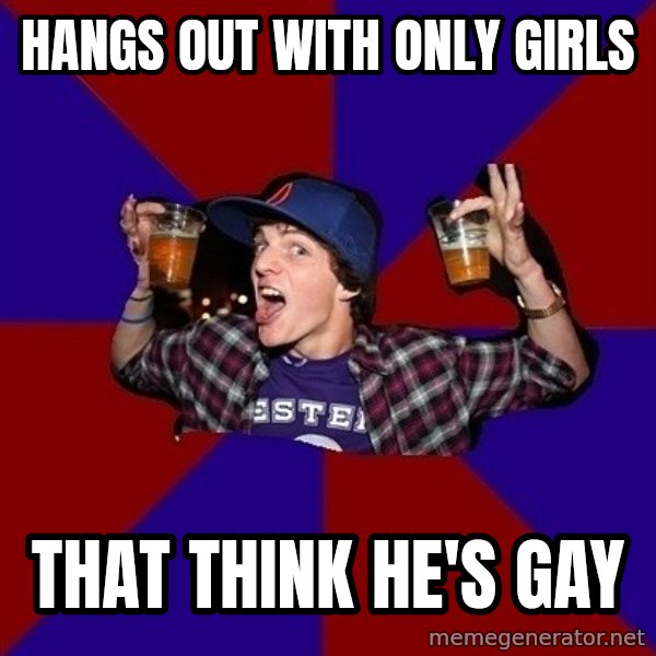 Sunny Student meme: hangs out with only girls / that think he's gay