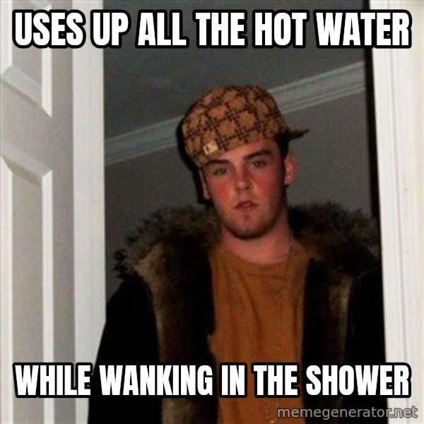 Scumbag Steve meme: uses up all the hot water / while wanking in the shower