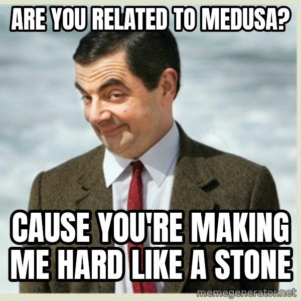 MR bean meme: are you related to medusa? / cause you're making me hard like a stone