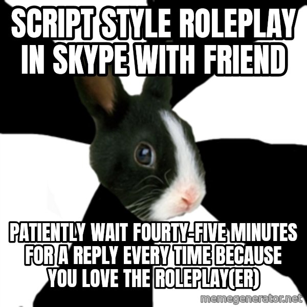 Roleplaying Rabbit meme: Script style roleplay in skype with friend / patiently wait fourty-five minutes for a reply every time because you love the roleplay(er)