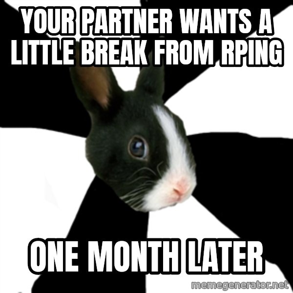 Roleplaying Rabbit meme: Your partner wants a little break from rping / one month later