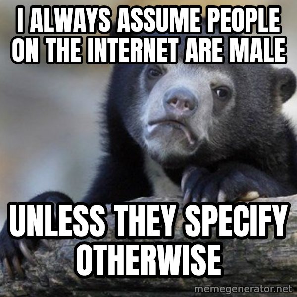 Confession Bear meme: I Always assume people on the internet are male / unless they specify otherwise