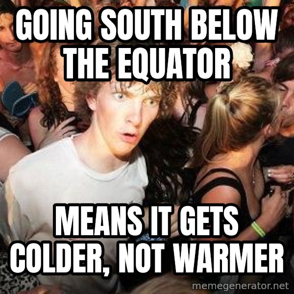 Sudden Realization Ralph meme: Going south below the Equator / Means it gets colder, not warmer
