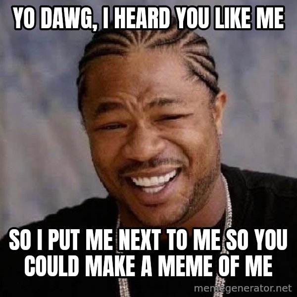 Yo Dawg meme: yo dawg, i heard you like me / so i put me next to me so you could make a meme of me