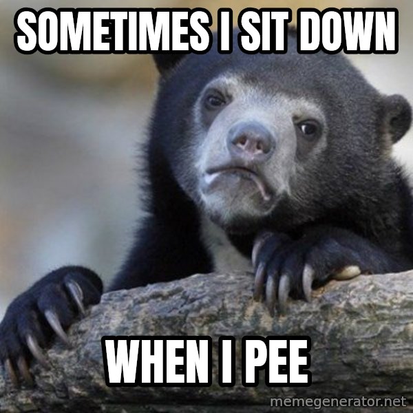 Confession Bear meme: Sometimes I sit down / When I pee