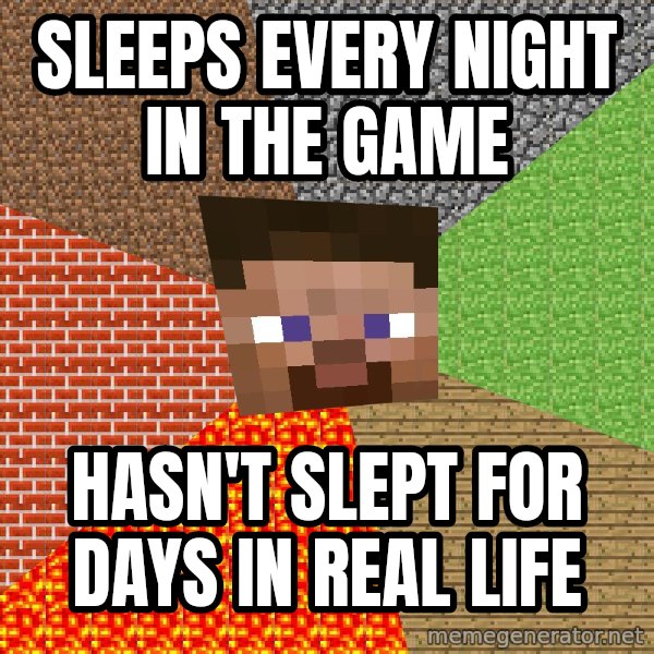 Minecraft Guy meme: Sleeps every night in the game / hasn't slept for days in real life