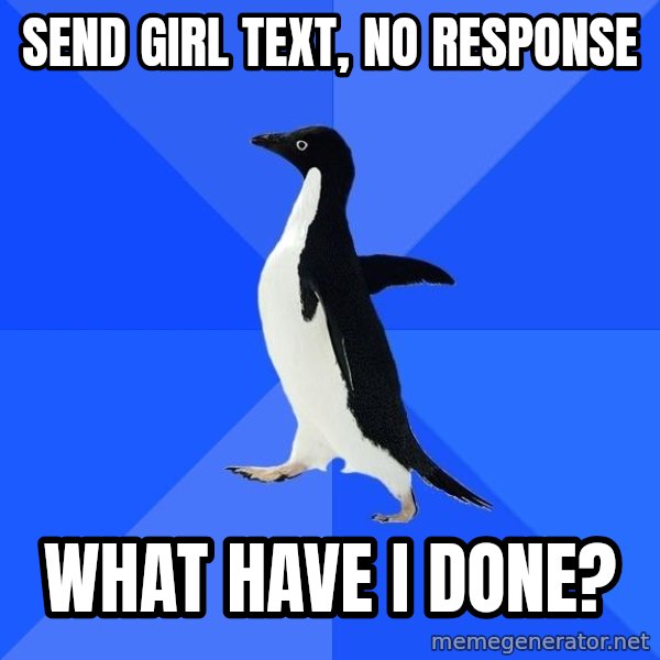 Socially Awkward Penguin meme: send girl text, no response / what have I done?