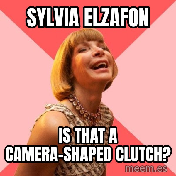 Amused Anna Wintour meme: sylvia elzafon / is that a camera-shaped clutch?