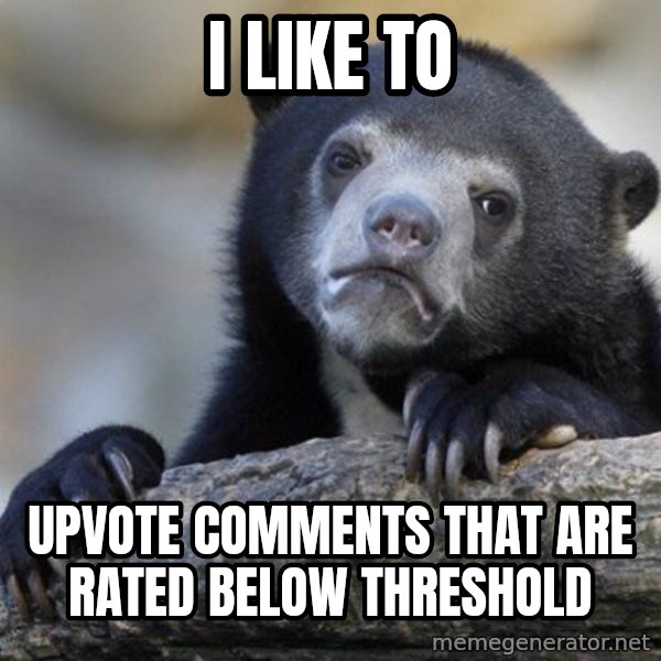 Confession Bear meme: I like to / upvote comments that are rated below threshold