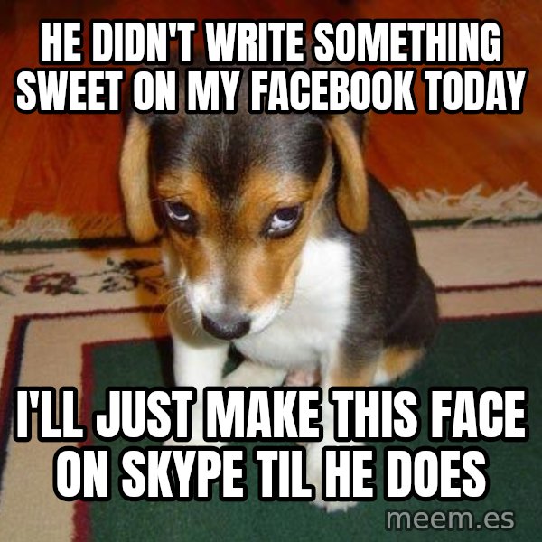 Sad Puppy meme: He didn't write something sweet on my facebook today / I'll just make this face on skype til he does