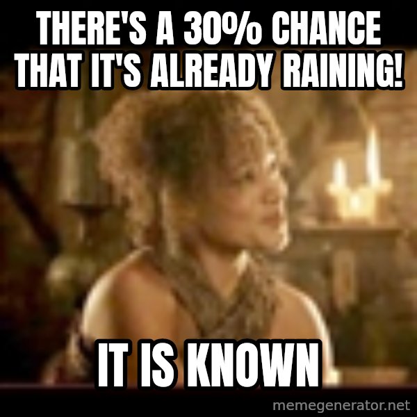 It Is Known Lady meme: There's a 30% chance that it's already raining! / it is known