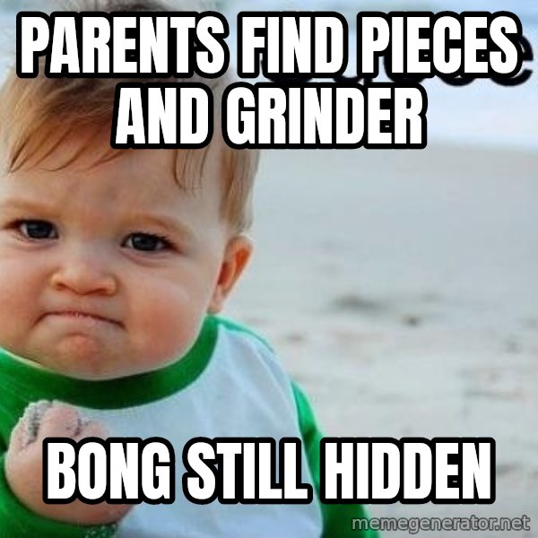 Success Kid meme: Parents find pieces and grinder / bong still hidden