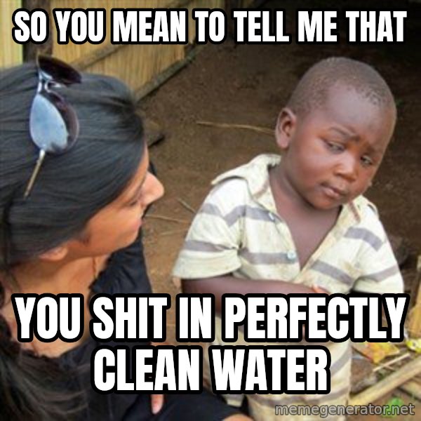 Skeptical 3rd World Kid meme: So you mean to tell me that / you shit in perfectly clean water