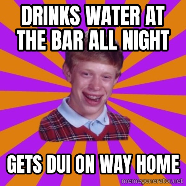 Unlucky Brian Strikes Again meme: Drinks water at the bar all night / Gets dui on way home