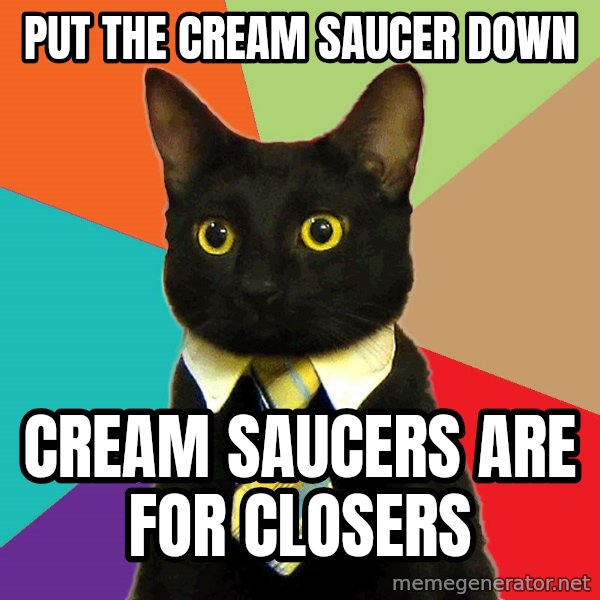 Business Cat meme: Put the cream saucer down / Cream saucers are for closers