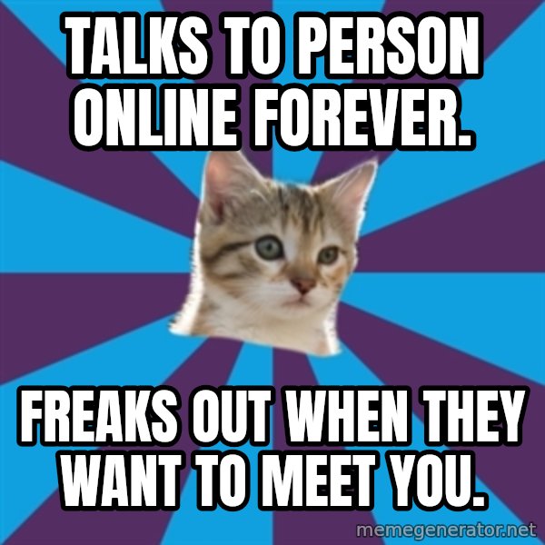 Autistic Kitten meme: Talks to person online forever. / freaks out when they want to meet you.