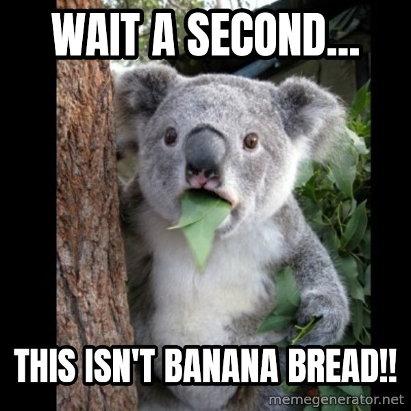 Koala can't believe it meme: Wait a second... / this isn't banana bread!!