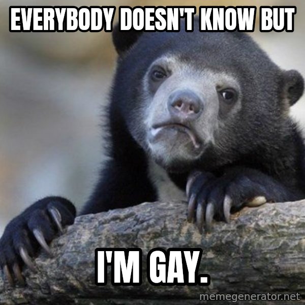 Confession Bear meme: everybody doesn't know but / I'm gay.