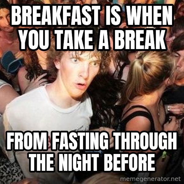 Sudden Realization Ralph meme: Breakfast is when you take a break / From fasTing through the night beFore