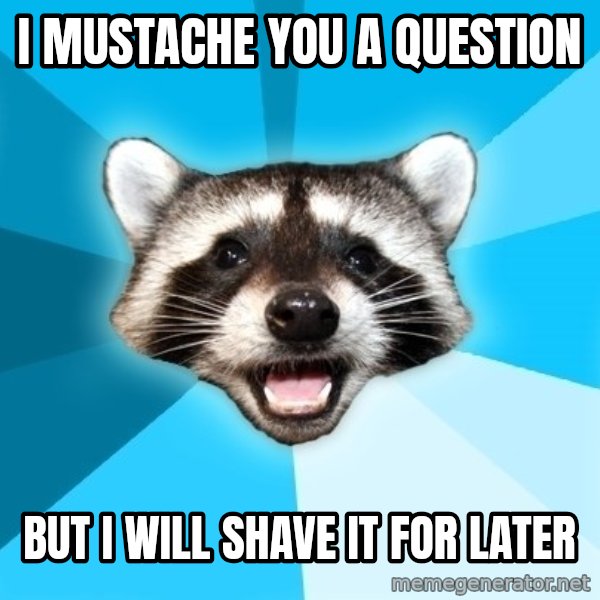 Lame Pun Coon meme: I mustache you a question / but i will shave it for later