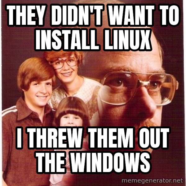 Vengeance Dad meme: they didn't want to install linux / i threw them out the windows