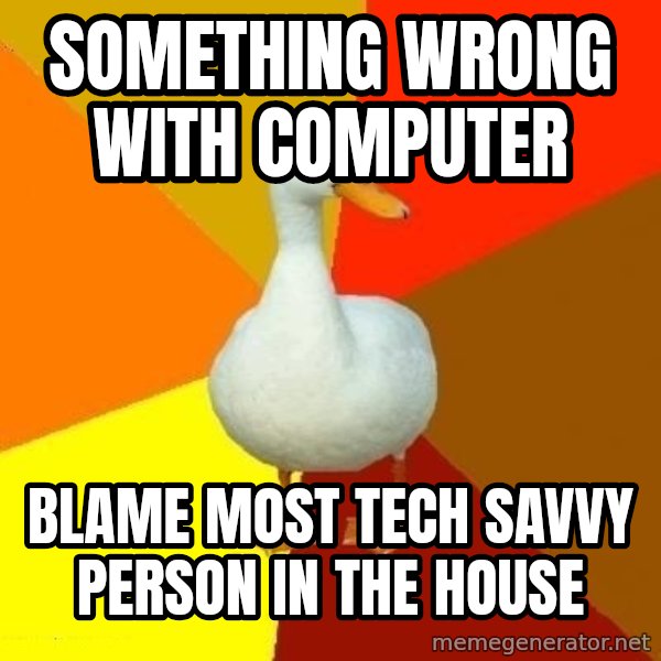 Technologically Impaired Duck meme: something wrong with computer / blame most tech savvy person in the house