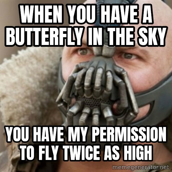 Bane meme: When you have a butterfly in the sky / you have my permission to fly twice as high