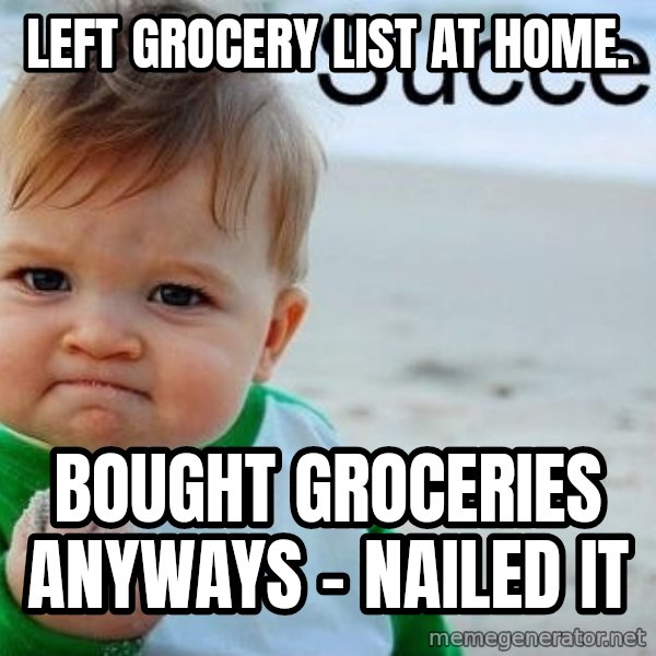 Success Kid meme: Left grocery list at home. / bought groceries anyways - nailed it