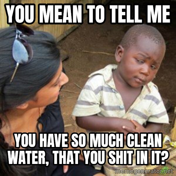 Skeptical 3rd World Kid meme: you mean to tell me / you have so much clean water, that you shit in it?