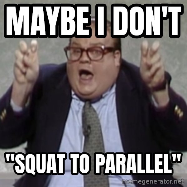 Quote Guy meme: maybe i don't / "squat to parallel"