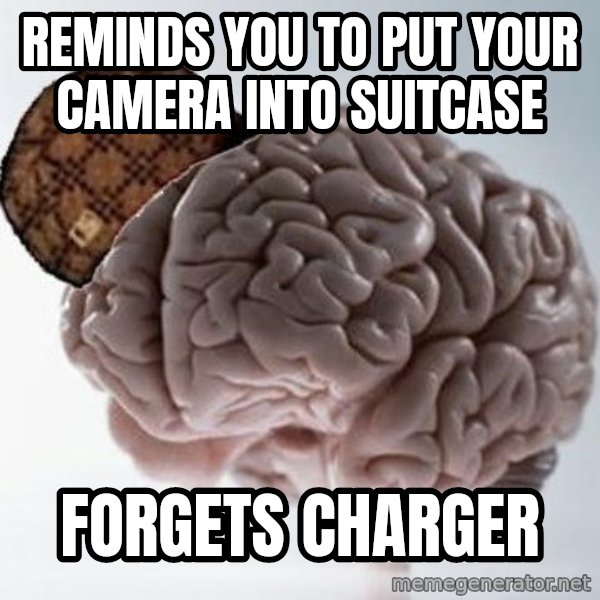 Scumbag Brain meme: Reminds you to put your camera into suitcase / forgets charger