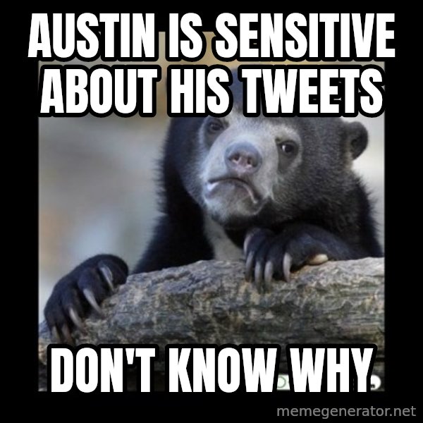 sad bear meme: Austin is sensitive about his tweets / don't know why