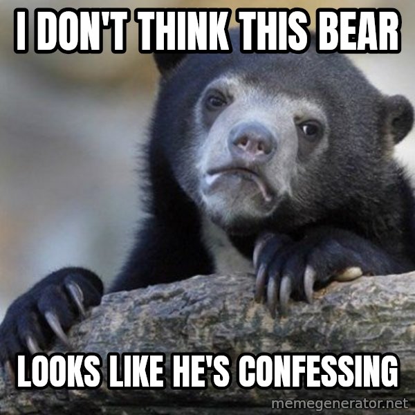 Confession Bear meme: I don't think this bear / looks like he's confessing